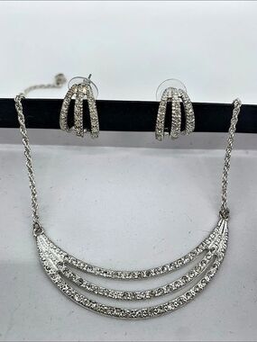 Silver-Tone Rhinestone | Multi-Row Necklace & Earrings | OS | Glam Set
